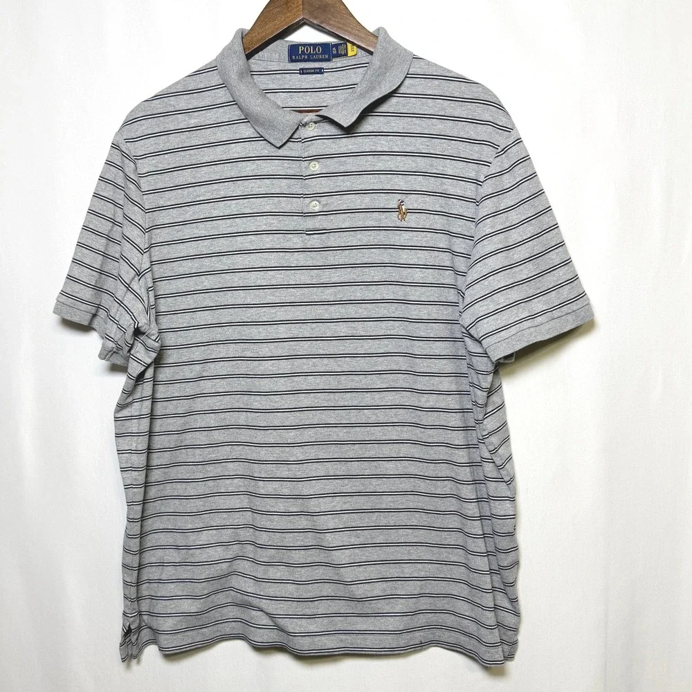 Polo Ralph Lauren Mens XL Classic Fit Gray Navy Striped Short Sleeve Polo Shirt